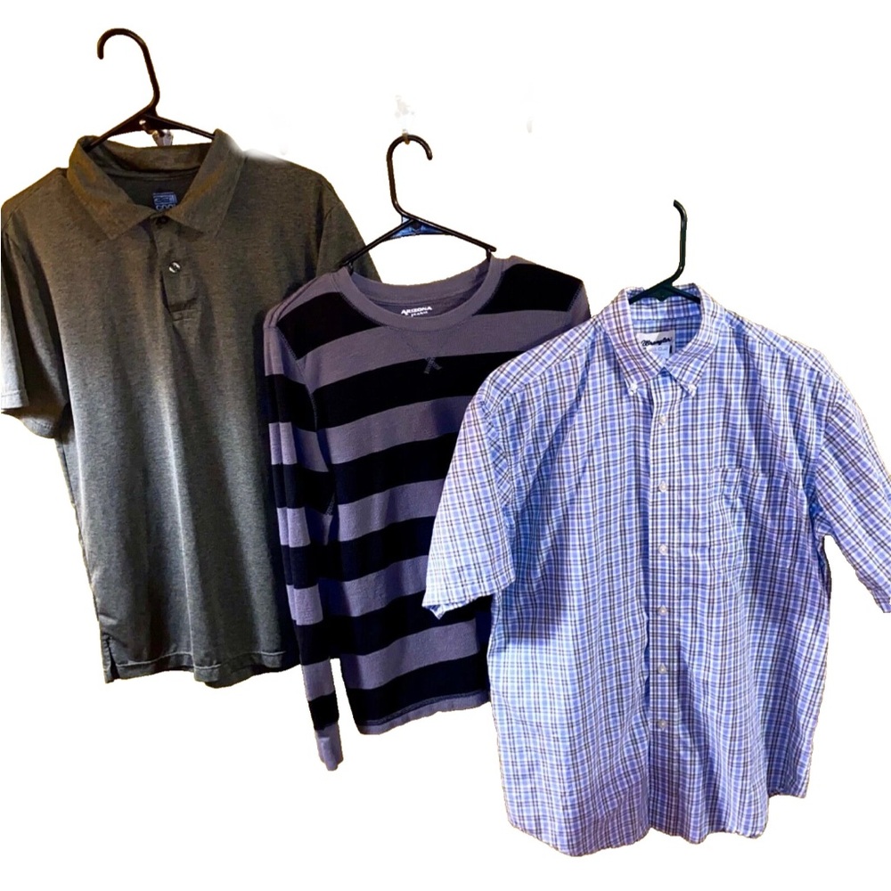 Bundle of 3 Men's MED.Polo Shirt, striped long sleeve and blue plaid button up